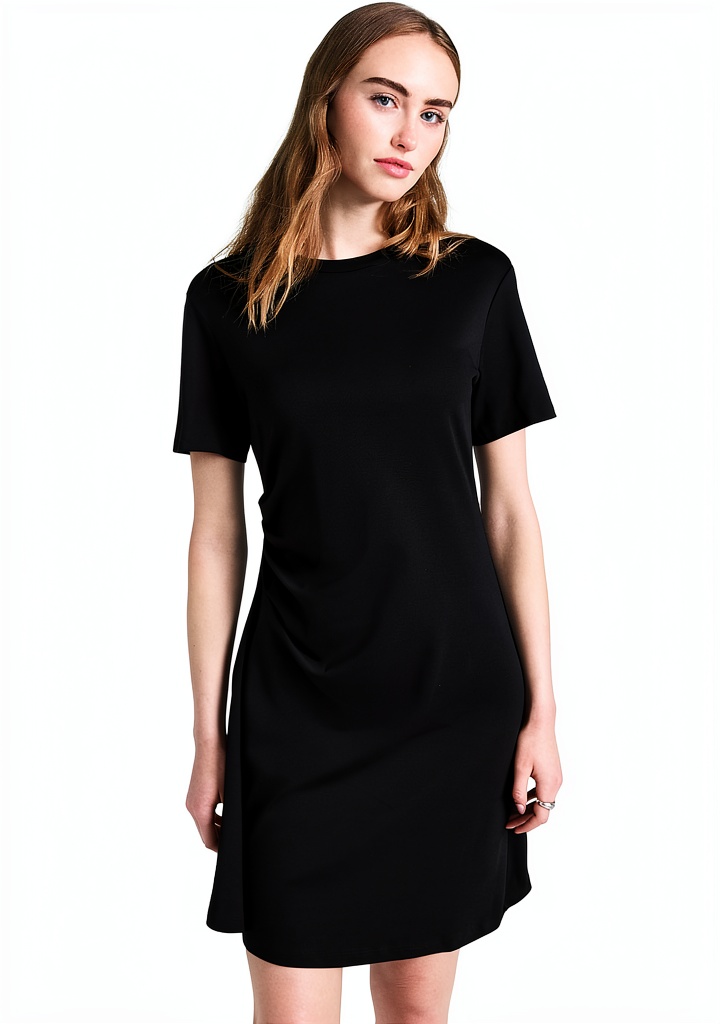 'Theory womens jersey dress in Black color showing crew neck and side pleating'