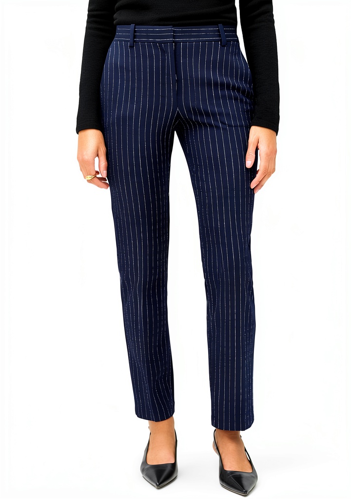 Theory Navy Multi crepe suiting pants showing stripe print and pocket details