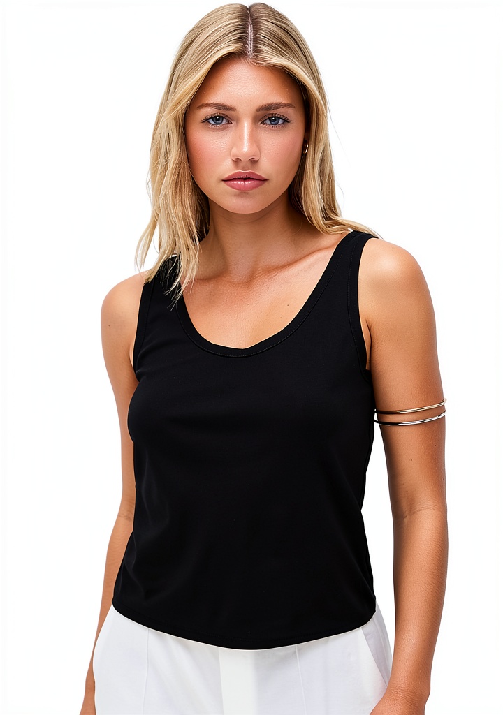 'Theory scoop neck tank top in black on a hanger'