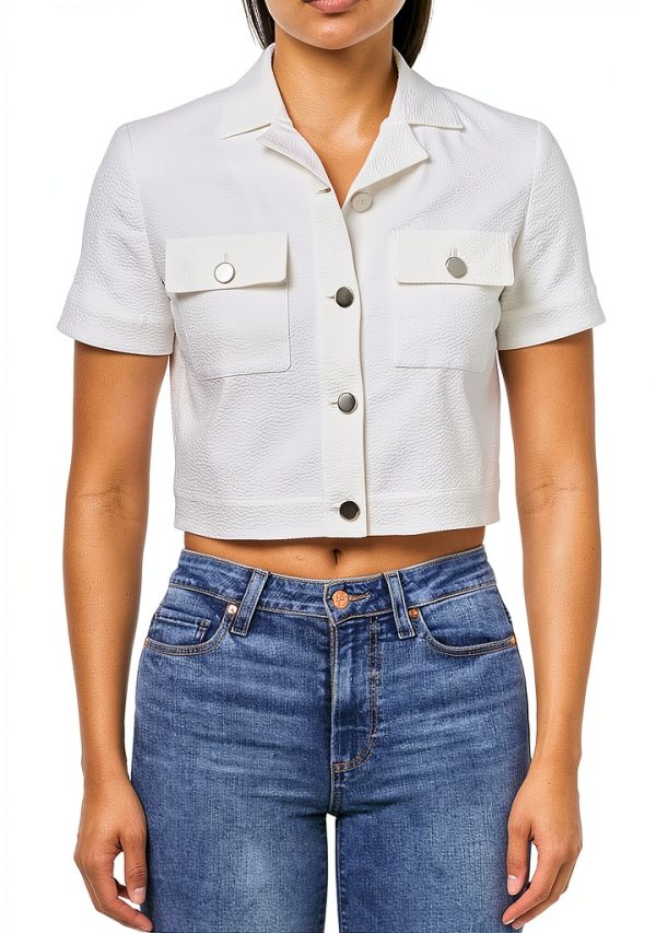 Theory Womens Suit Shirt Cropped Short Sleeve Button Pocket-0