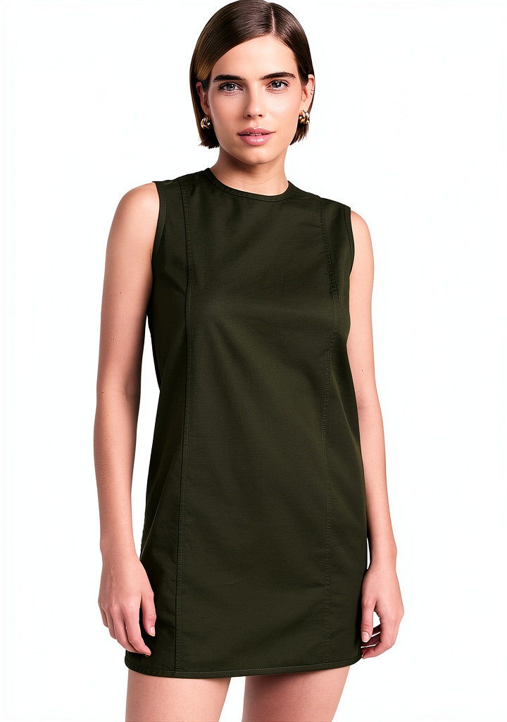 Theory Dark Olive stretch twill club dress on a model