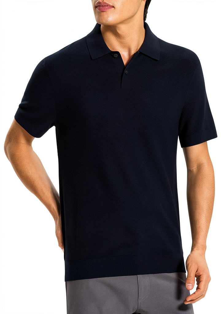 Theory Mens Polo Shirt in Baltic color on a man in a casual setting