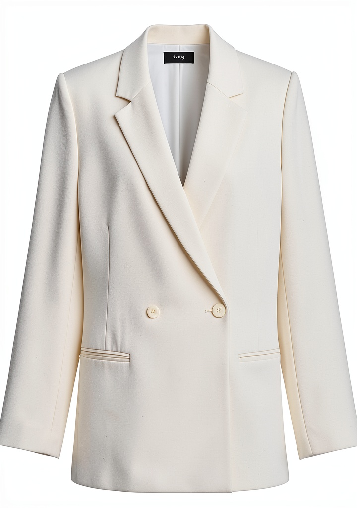 'Theory double-breasted blazer in rice color on a model'