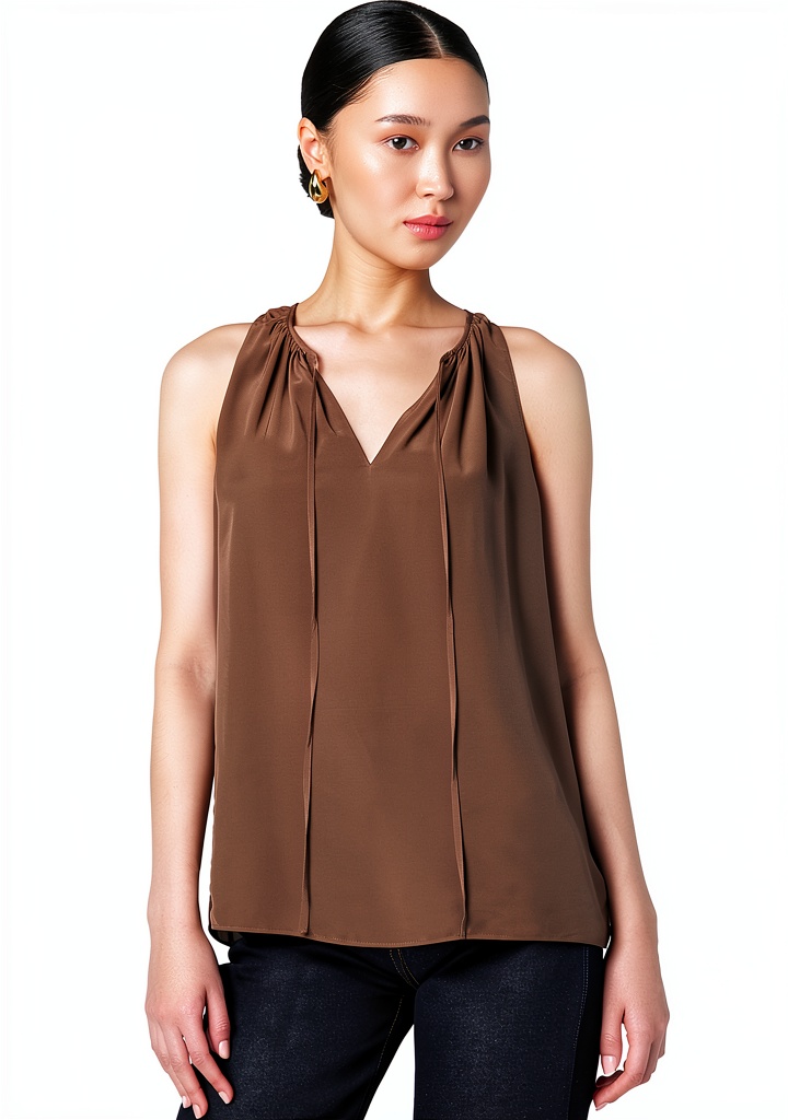 'Theory sleeveless top in Pecan color showing front slit detail'