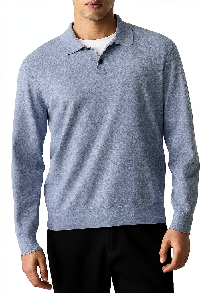 Theory mens polo shirt in Light Blue Lake Melange color on a mannequin