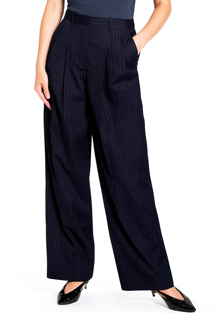 'Theory Nocturne Navy trousers front view showing pleats and pockets'