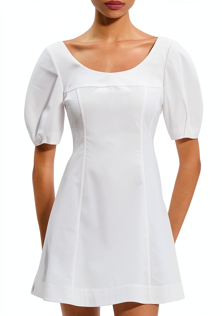 'Theory Puff Sleeve Mini Dress in White on a model'