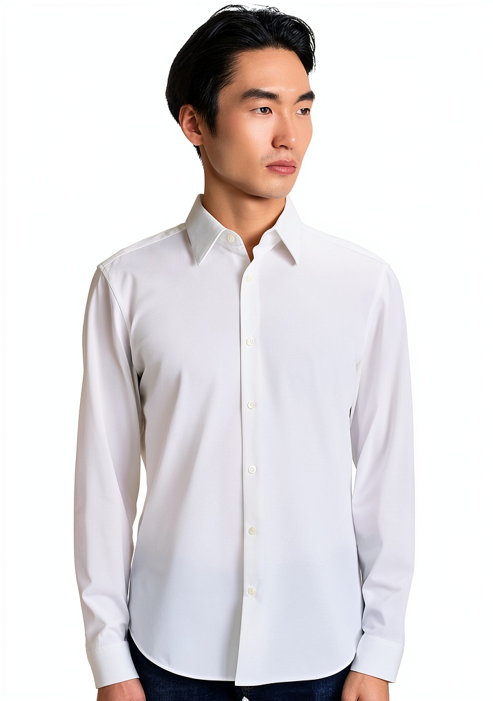 Model wearing Theory button-down shirt in a modern office setting